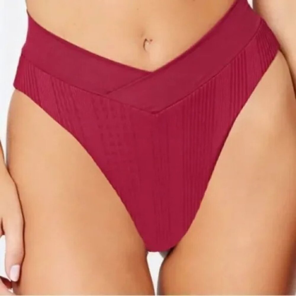 L*Space Pointelle Rib Court Bikini‎ Swim Bottom Womens XS Cabernet Burgandy NEW